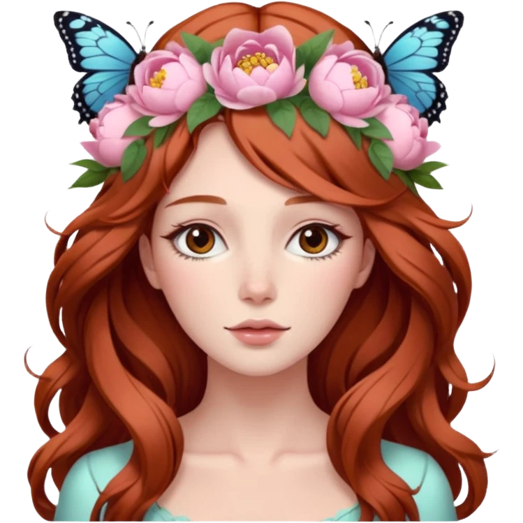 Woman with long flowing auburn hair wearing a pastel flower crown with big peonies and roses and butterflies in it emoji