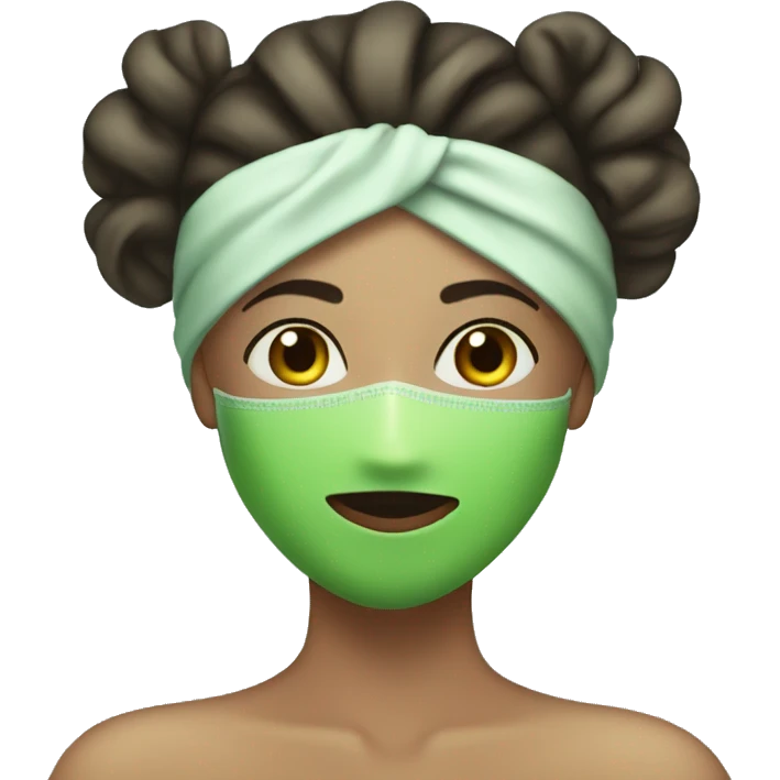 A girl having a spa day with a robe and a towel on her head with a green face mask emoji