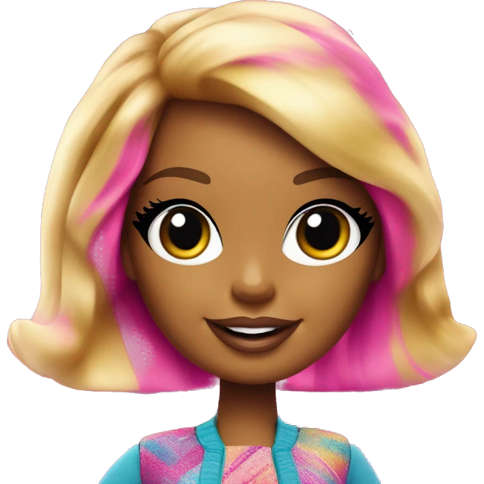An image of a Barbie doll wearing a stylish outfit with the word 'Barbie' written across the clothing, set in a fun, vibrant background emoji