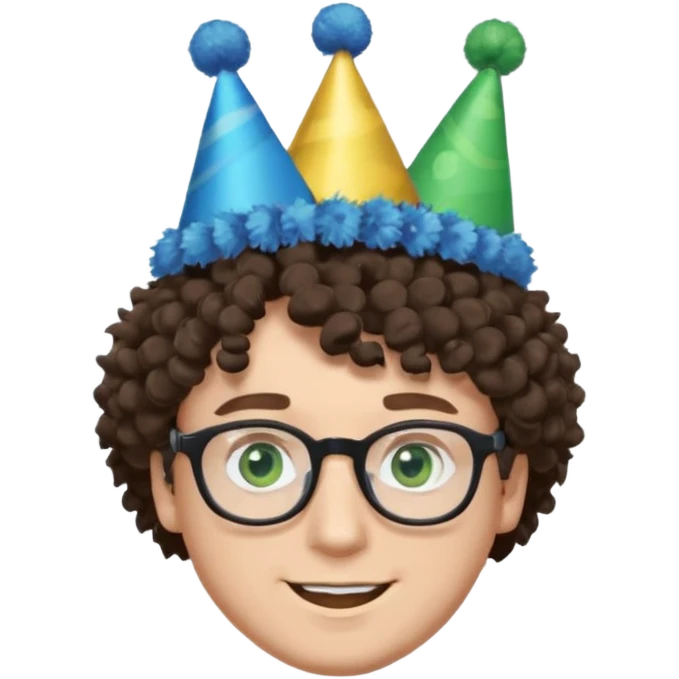 A white guy with curly brown hair and green eyes with a happy face, and wear square black glasses.He’s also got a full silver birthday party hat on his head with blue pom poms on top of it, and his T-shirt is all black, he wears a little gold circle earrings on his left  emoji