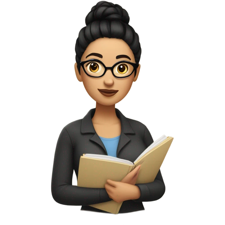 An caucasian woman with Black hair with tophead bun, she has glasses, she is writing a note on her notebook, we can see her pencil while writing emoji