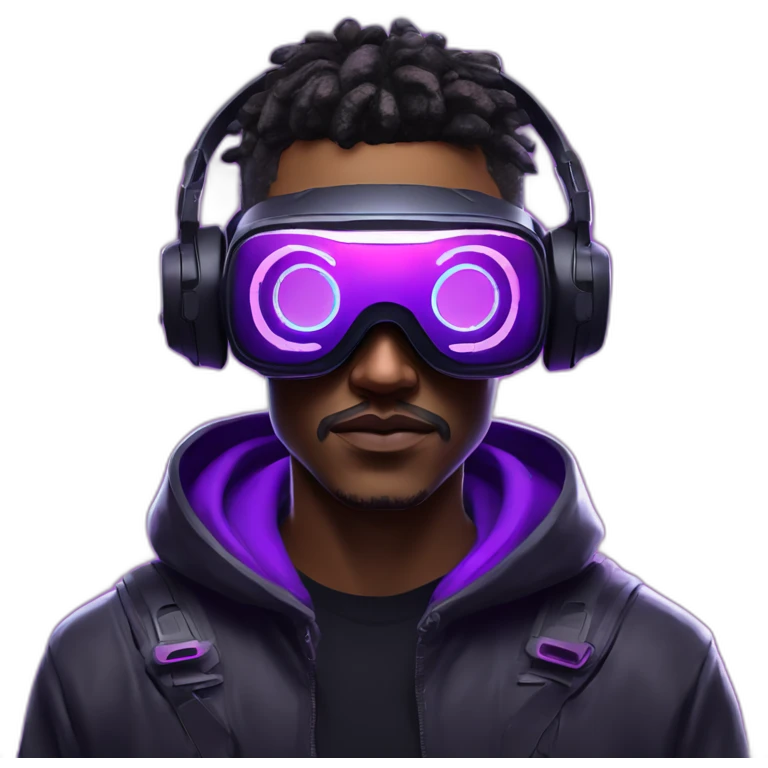 Cyberpunk style. Violet neon. Man with light skin in the black hoody with violet OMG VR logo on it wearing vr headset oculus quest 2 emoji
