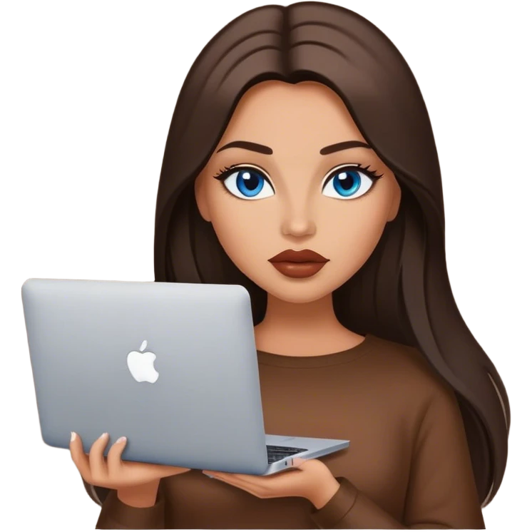 Glamours tanned very beautiful girl with big pump lips and dark chocolate straight smooth long hair, blue-grey eyes in brown clothing with MacBook emoji