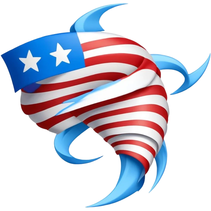 Crear un emoji de un Ciclon o Tornado en forma de embudo espiral que tenga 2 banderas  cruzadas sobre el emoji del Ciclon o Tornado. La bandera debe ser de color rojo y azul. Cada una de las banderas debe tener 2 lineas horizontales de color rojo y 2 lineas horizontales de color azul. emoji