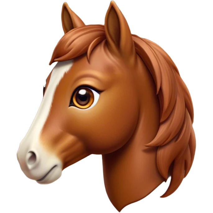 Cinematic Cute Chestnut Horse Portrait Emoji, Head tilted playfully and inquisitively, showcasing a glossy chestnut fur with a vibrant sheen and gentle, expressive amber eyes, Simplified yet irresistibly adorable features, highly detailed, glowing with a warm, friendly glow, high shine, affectionate and spirited, stylized with a touch of whimsy, bright and endearing, soft glowing outline, capturing the essence of a mischievous yet loving horse, so playful it feels like it could prance out of the screen and into your arms! emoji