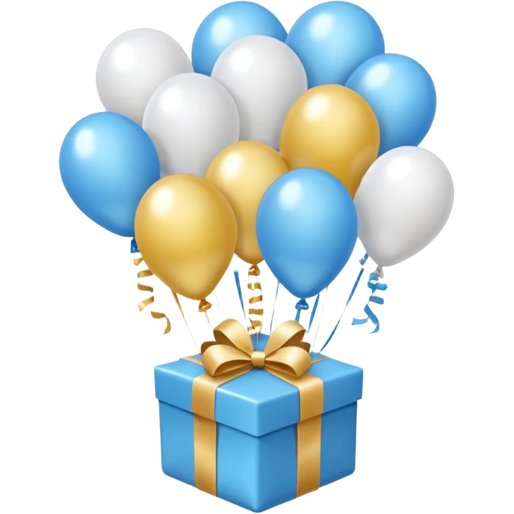 Please make light blue and white balloons too, make several and tie them to a gift, the gifts with the most balloons, make the light blue and white balloons emoji