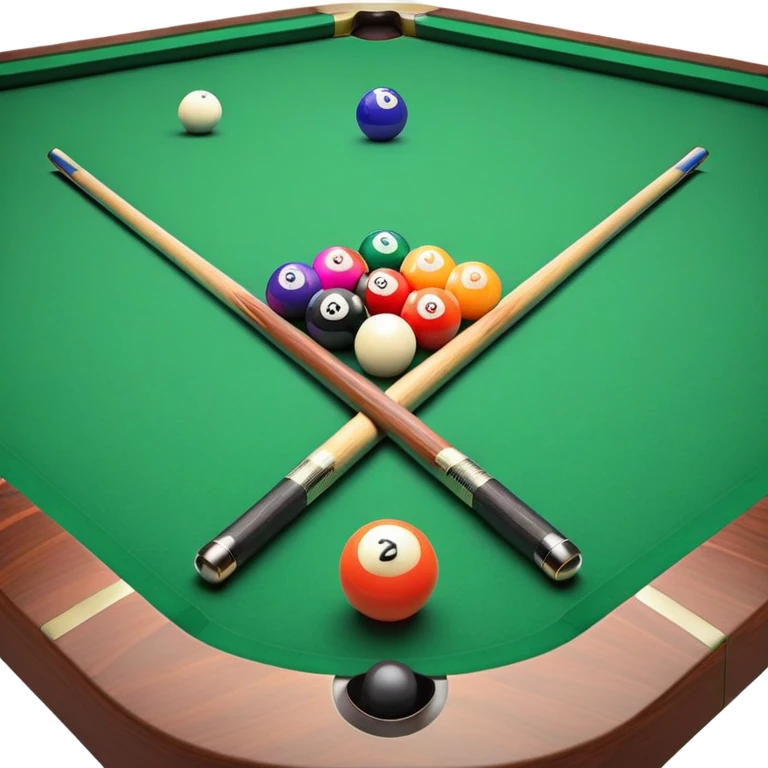 Two crossed pool cues resting on a billiard table, with colorful billiard balls scattered across the surface. The background features the felt of the table, creating an inviting atmosphere for a game of precision and strategy emoji