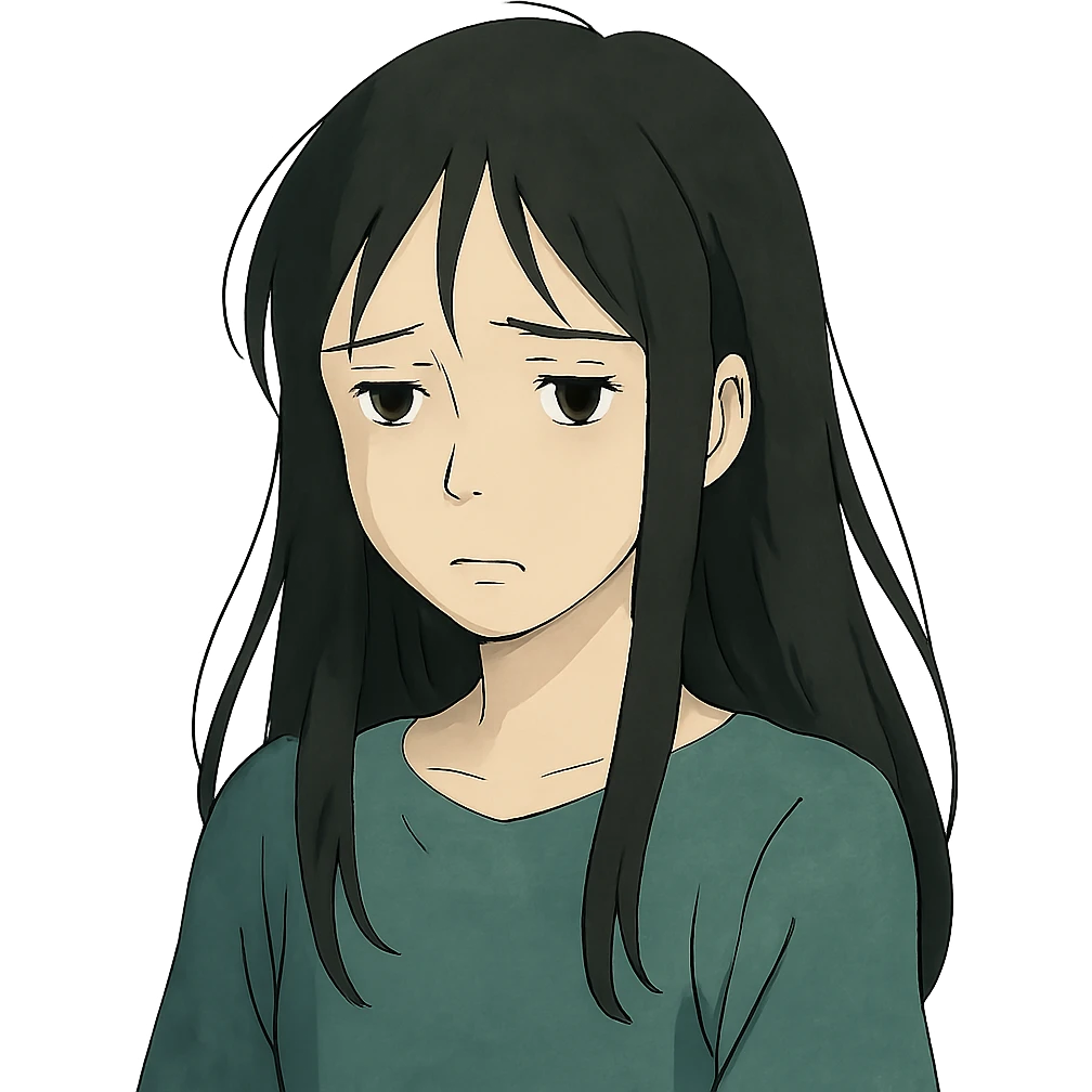 pale girl with long black hair, sad expression, in ghibli style emoji