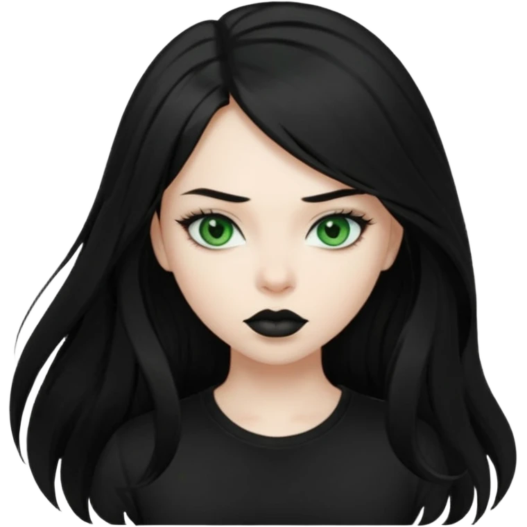 Black haired girl, green eyes, black lipstick, white skin, black t shirt, sharp face, long hair emoji