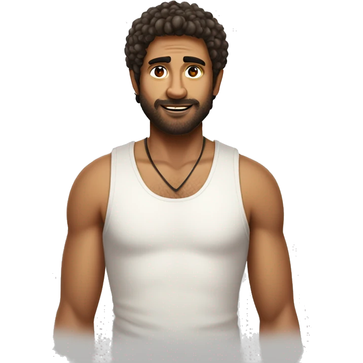 german and indian man with shaggy haircut, white tank top emoji
