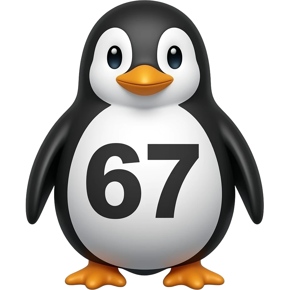 A penguin that has 67 on it emoji