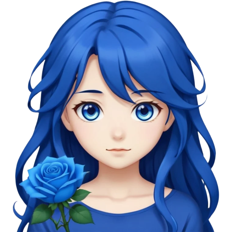 anime girl with long dark blue hair, blue rose in hair, bright blue eyes, cute anime face, anime emoji style emoji