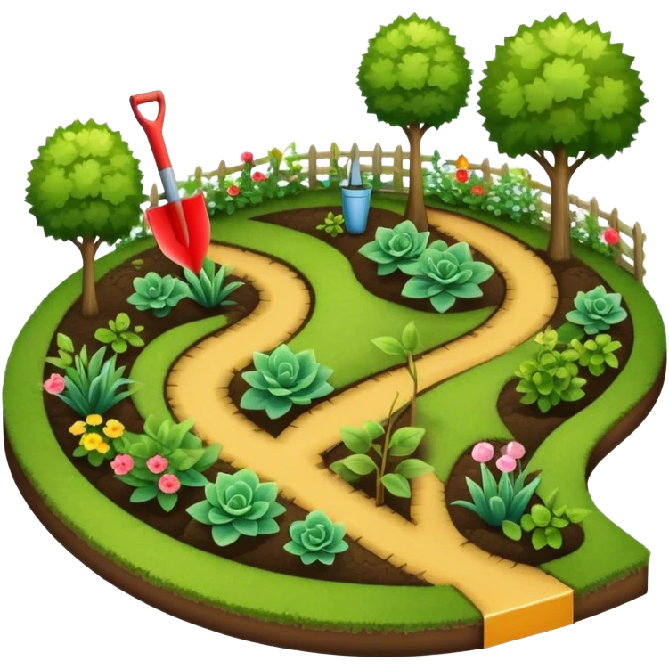 Icon for Landscape Design: a garden layout with plants, trees, paths, and design tools like a spade, pencil and measuring tape. The icon should represent creativity in outdoor space planning and gardening. Transparent background. emoji