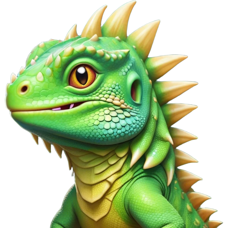 Cinematic Cute Iguana Portrait Emoji, Head tilted playfully and inquisitively, featuring a delightfully vibrant, textured body with a subtle spiky crest and large, sparkling eyes full of gentle wonder, Simplified yet irresistibly adorable features, highly detailed, glowing with a warm, inviting jungle glow, high shine, affectionate and lively, stylized with a touch of whimsical reptilian charm, soft glowing outline, capturing the essence of a mischievous yet loving iguana that seems as if it could scurry out of the screen into your arms! emoji
