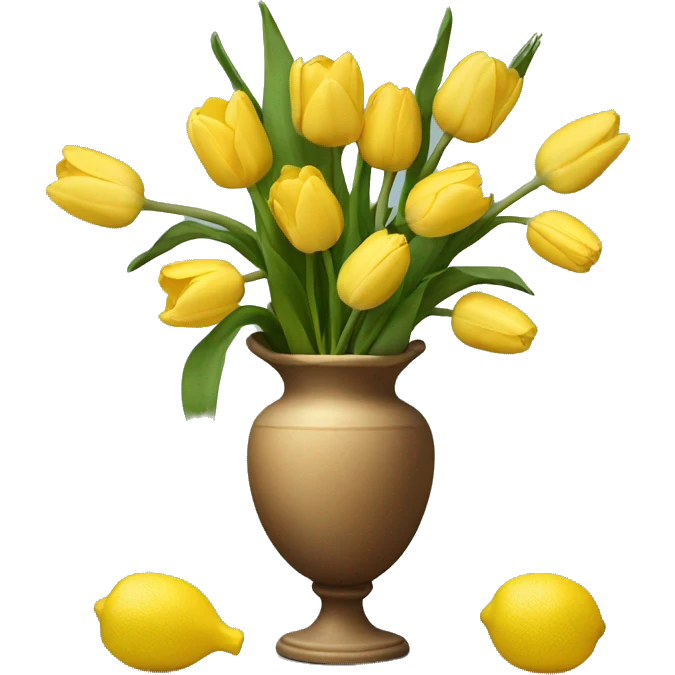 a vase with tulips and lemons next to it emoji