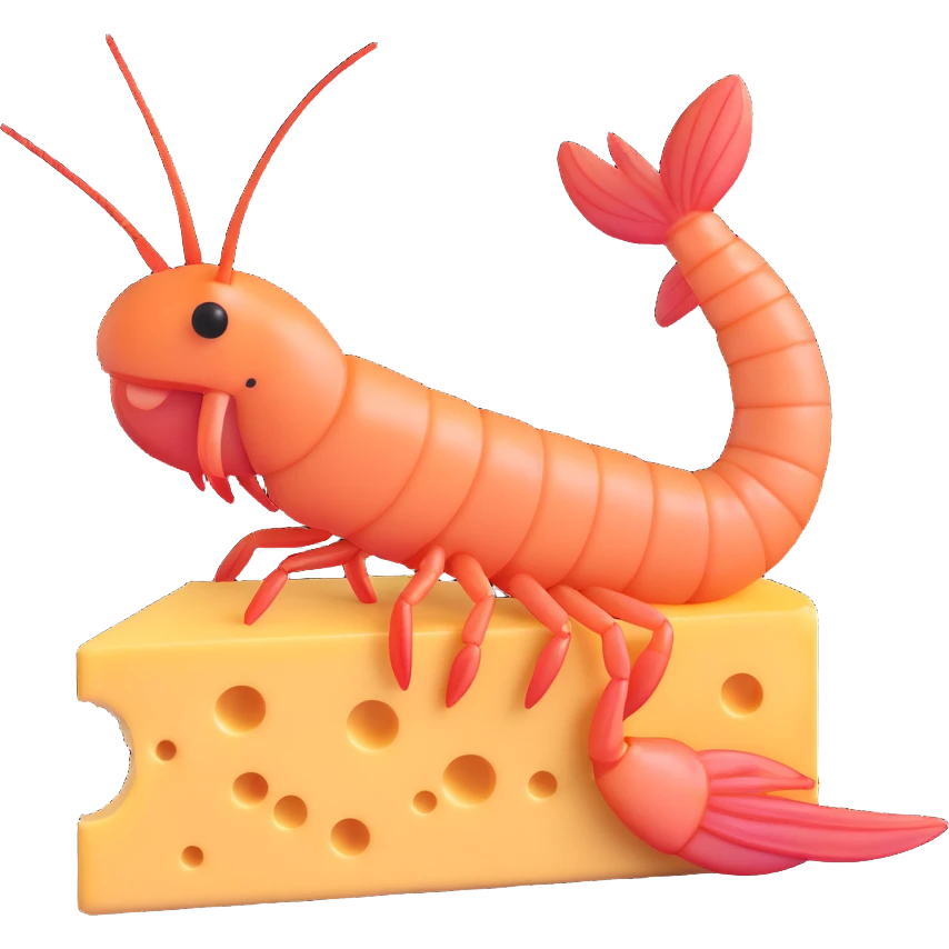 a fun and simple shrimp sitting on top of a piece of cheese, clear subject emoji