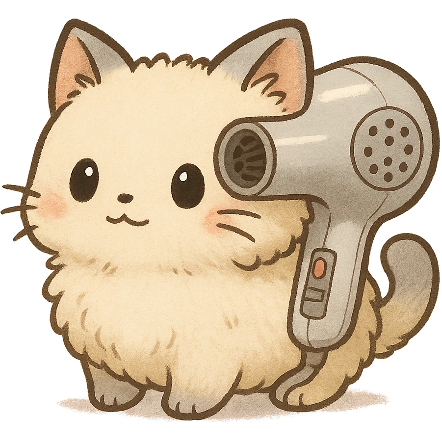 chibi soft fluffy cat inspired by a hair dryer with appliance elements integrated into its design full-body emoji