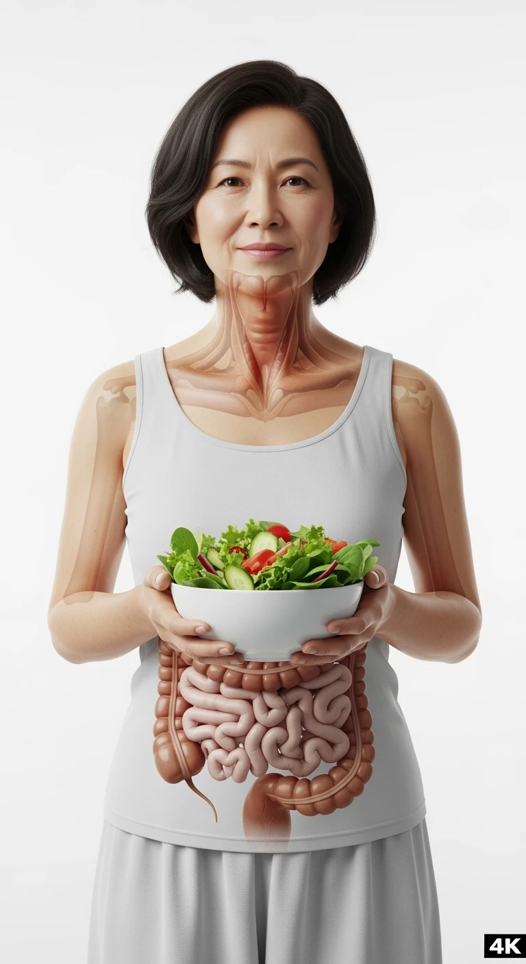 DONNA CON INTESTINO ANATOMICO IN EVIDENZA E BOWL DI INSALATA IN MANO, iperrealistico 4k, ISOLATA SU SFONDO BIANCO emoji
