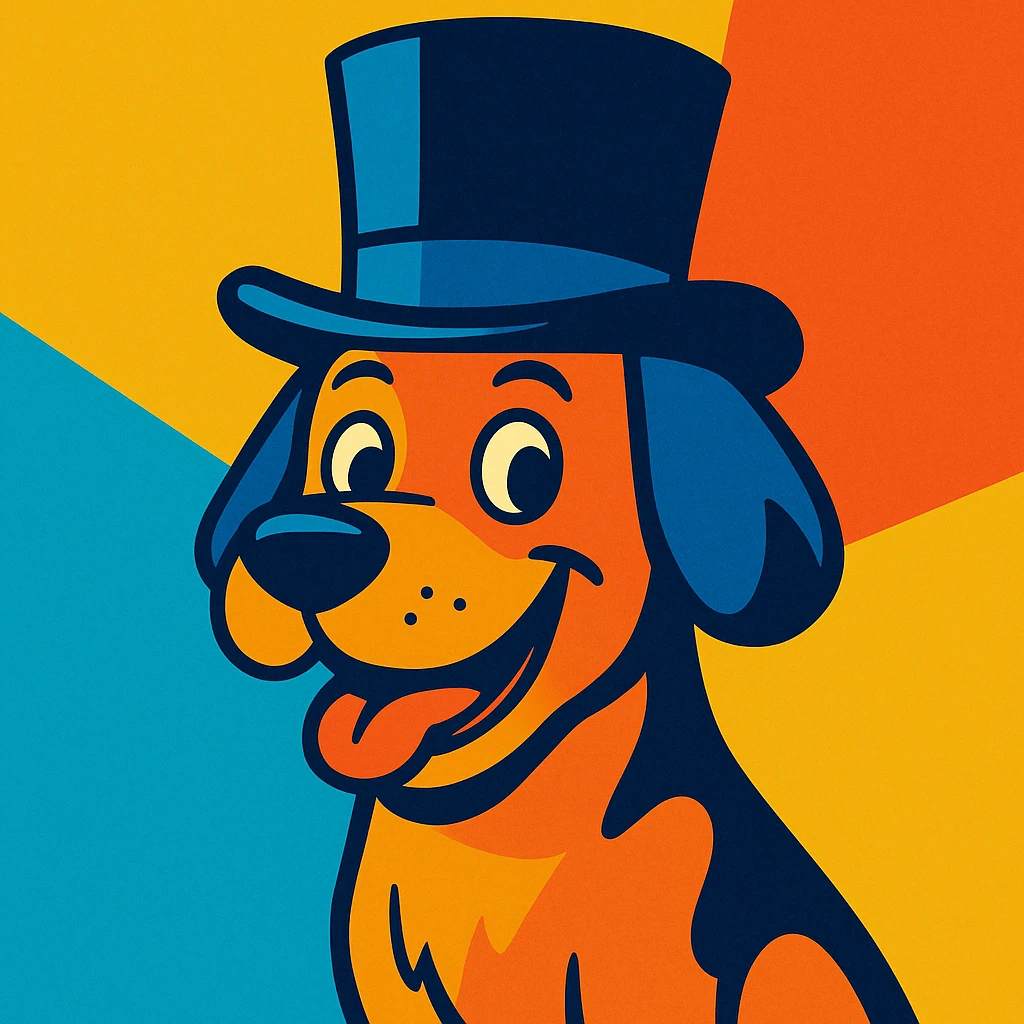 a cool dog wearing a top hat, fun and appealing style, vibrant toon style emoji