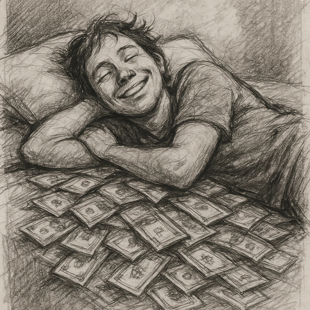 happy person napping on mattress of money emoji