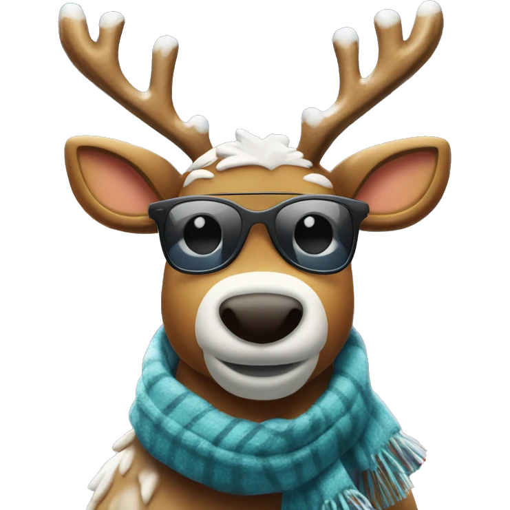 “A cool reindeer with sleek antlers wrapped in Christmas lights, wearing sunglasses and a scarf, in a snowy setting.” emoji
