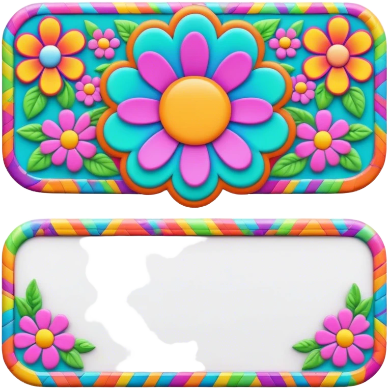 3D, psychedelic colored name tag with hippie style flower border emoji