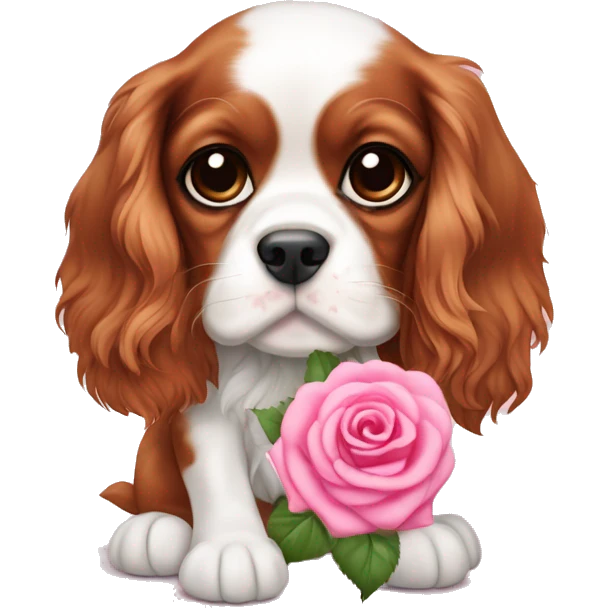 lovely Cavalier King Charles Spaniel puppy holding a pink rose emoji