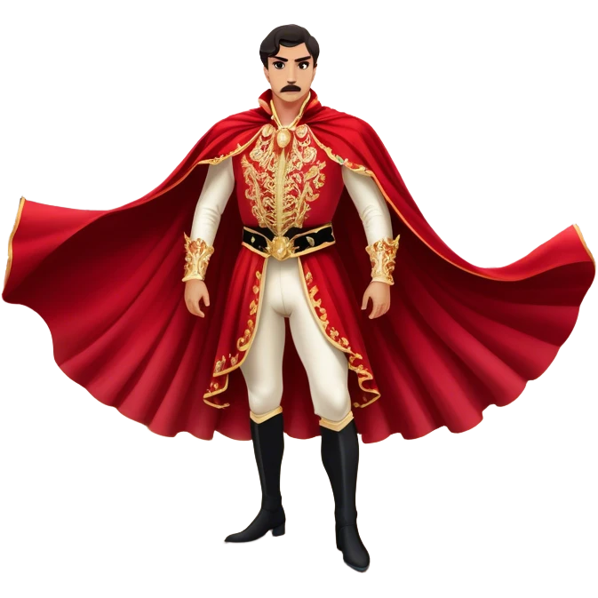 Spanish Matador – Cinematic Realistic Spanish Matador, portrayed in an ornate traje de luces with a flowing red cape, standing poised in a classic bullring with swirling dust and dramatic light, his intense expression and elegant stance capturing both bravery and artistry. emoji
