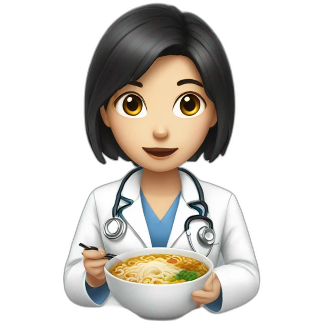 doctor girl with dark hair eating ramen emoji