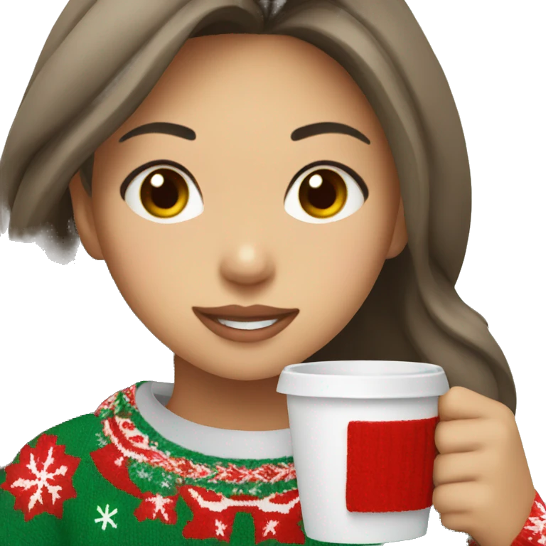 asian girl drinking coffee wearing Christmas sweater emoji