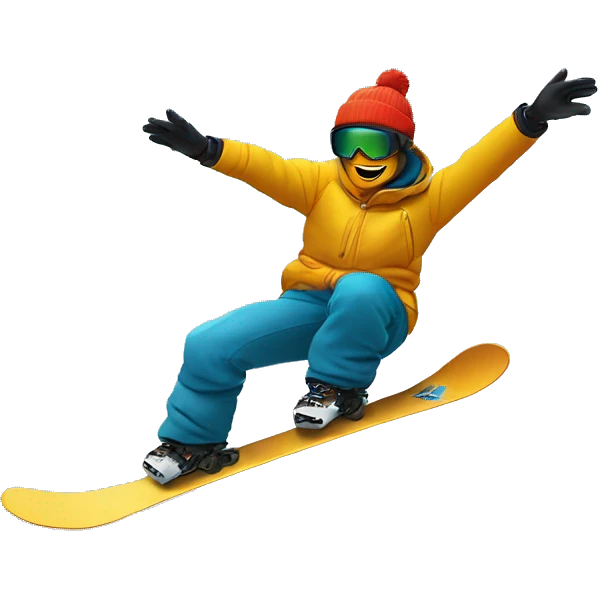 a logo, DENNIS on SNOW, with A snowboarder, doing tail grab in the sky emoji