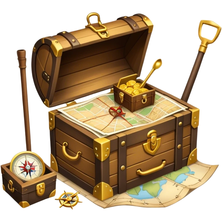 An icon featuring a treasure chest overflowing with gold, a treasure map with a compass rose, a backpack, and a shovel. The map guides the way, symbolizing the adventure of treasure hunting. Set against a transparent background, the design evokes excitement and exploration. emoji