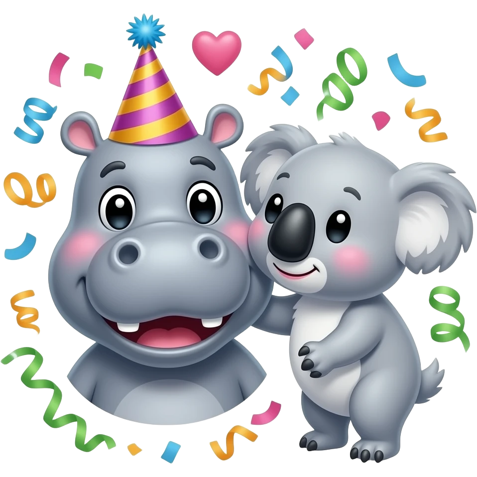 Hippo face birthday 26th birthday ! Party hat and confetti and happy on its birthday and all the accessories and celebrations with koala giving it kiss on cheek celebrating emoji