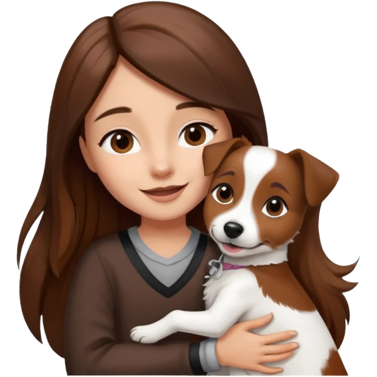a girl and her dog, one little jack russell coloured dark brown and white. She hugs it. She has long hair.  emoji