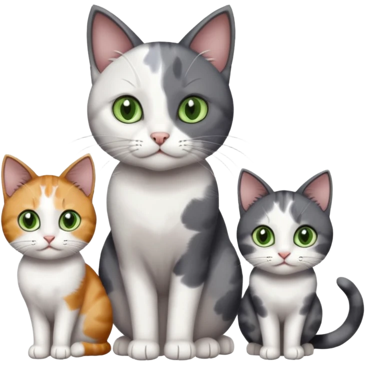 3 different coloured small cats including a dark grey and white, and a patchy calico with hazel eyes and a completely solid dark grey with green eyes and only white paws emoji