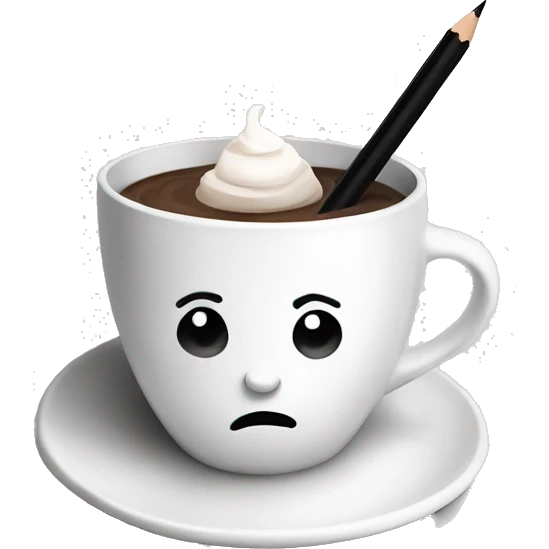 White handmade cup with a black pencil abstract drawing. Inside is hot chocolate  emoji