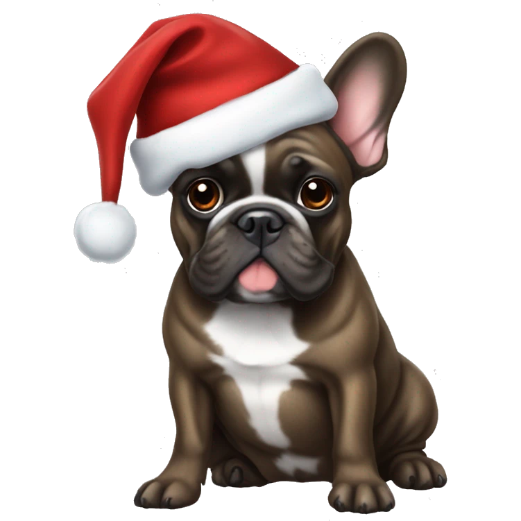 Brindle french bulldog wearing a Christmas hat emoji