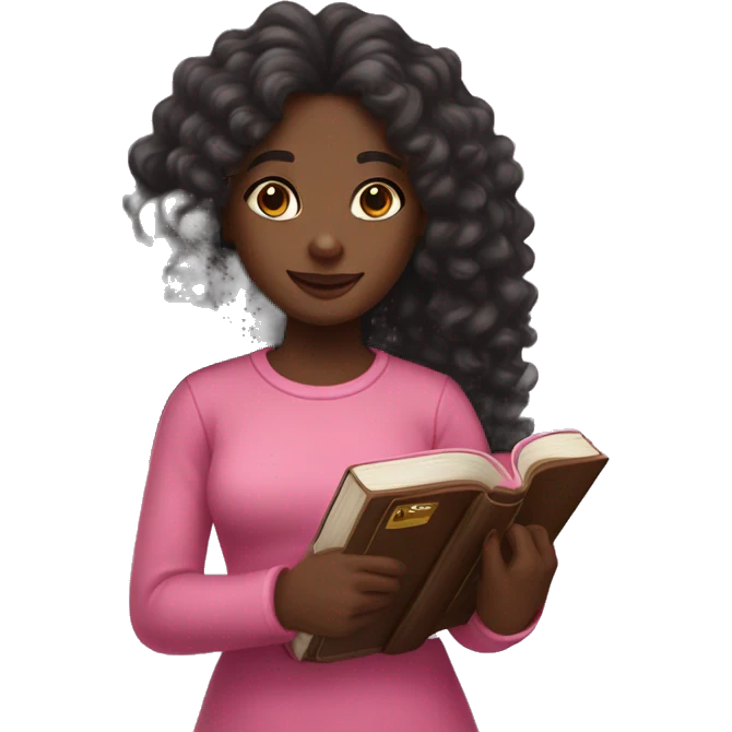 Black girl with long curly hair holding a pink bible in her right arm emoji