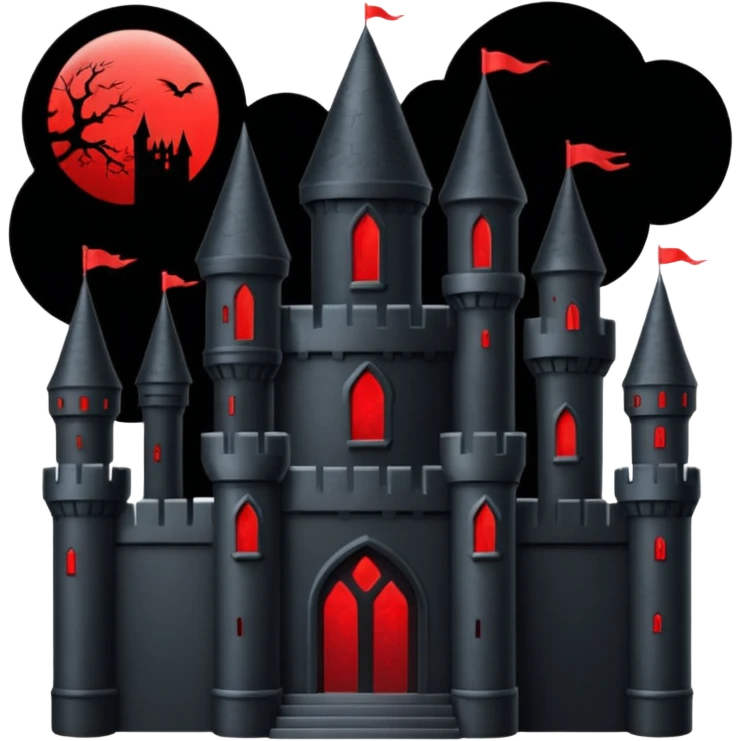 iOS sticker, dark castle, black walls, red windows, minimal fantasy emoji