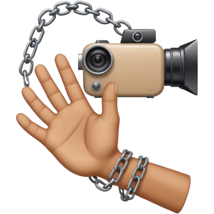 Minimalist emoji-style sticker of a human hand bound by a chain leading to a video camera. Icon-like, clean silhouette, muted tones. emoji