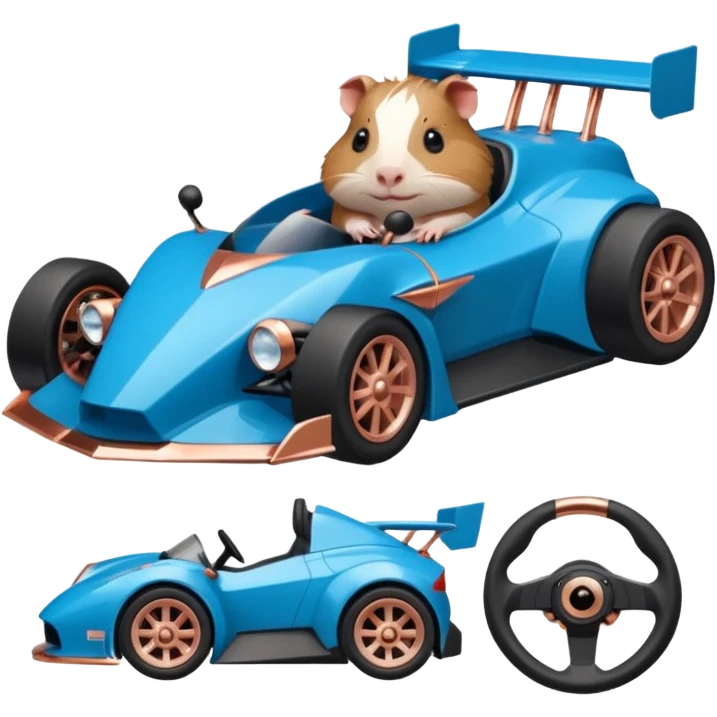 dark crystal blue and rosegold-accented faceted-body electric racing car driven by a small cute but fearless Guinea pig with rear spoiler, roll bar, and wheely bar emoji