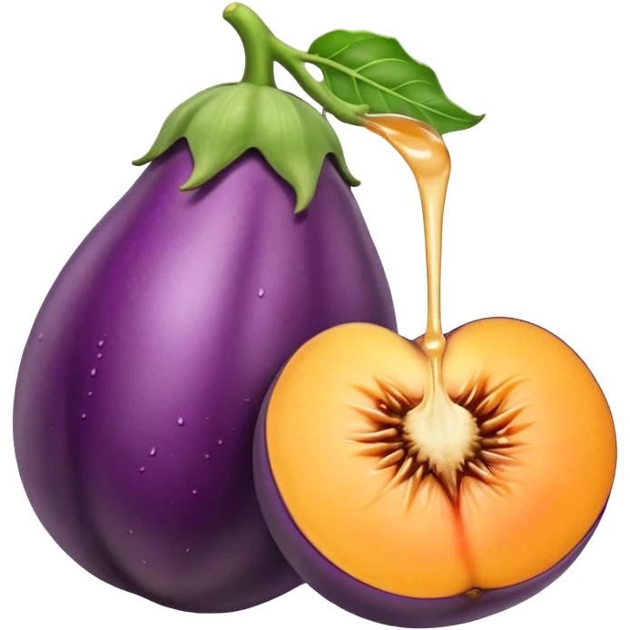 Eggplant with white liquid coming out the top being inserted into a peach emoji