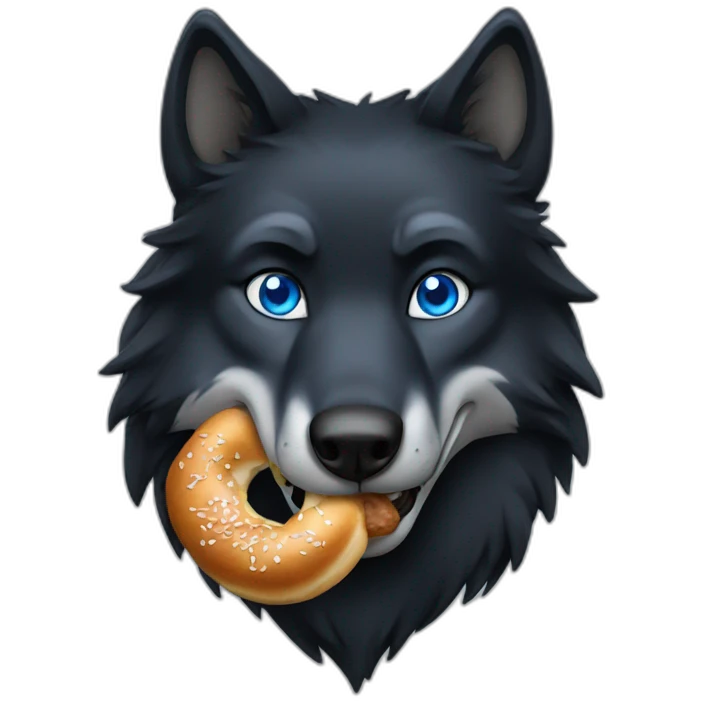 a full black wolf with blue eyes eats a bretzel emoji