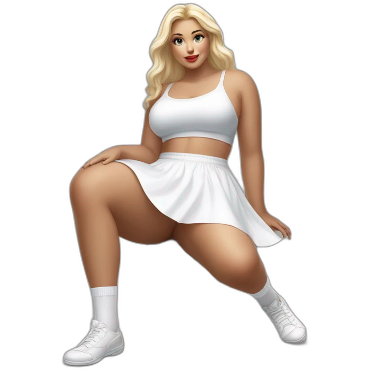 hyperrealistic-full-body-caucasian-curvy-beauty-sitting on the ground-small white-skirt-white knickers white socks emoji