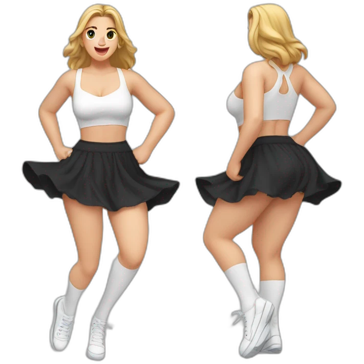 full-body-caucasian-curvy-beauty-jumping-short-black-skirt-back-and-front-views-strong-wind-white-knickers-long-white-socks emoji