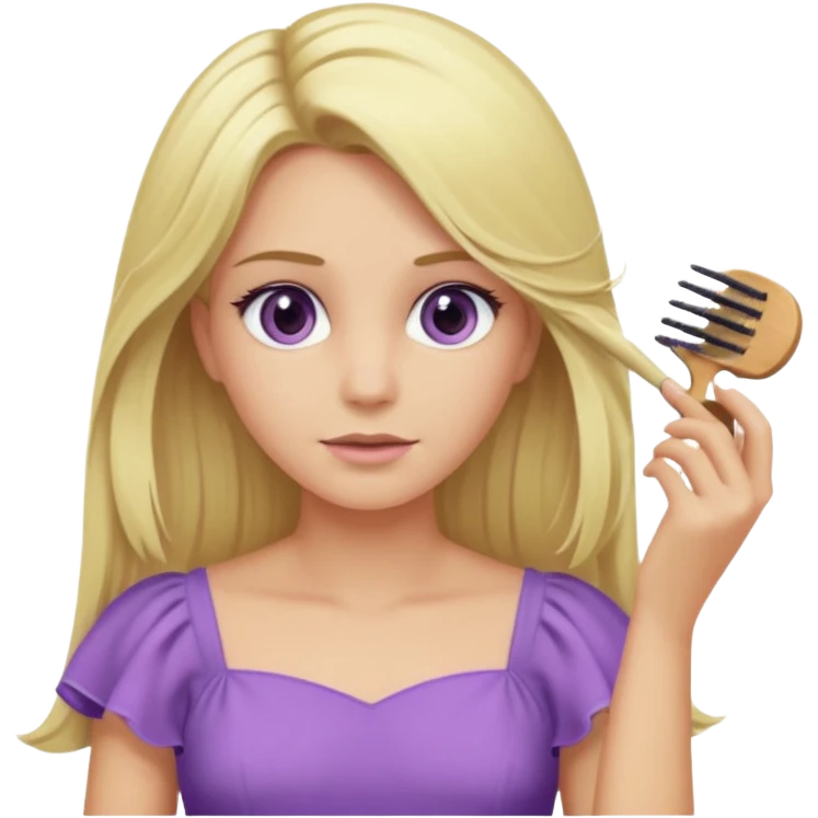 blonde woman with swamp-colored eyes, wearing a soft purple dress, combing her hair, iOS emoji style emoji