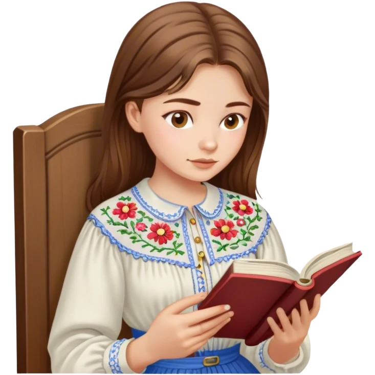 A Ukrainian girl with brown hair in an embroidered shirt reads a book emoji