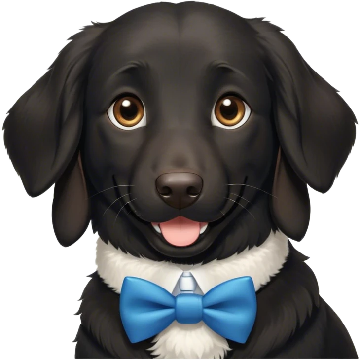 Black, flat-coated retriever, smooth fur with  fluffy ears, smiling face, subtle patch of white fur in her lower chest, blue bow tie collar, brown eyes emoji
