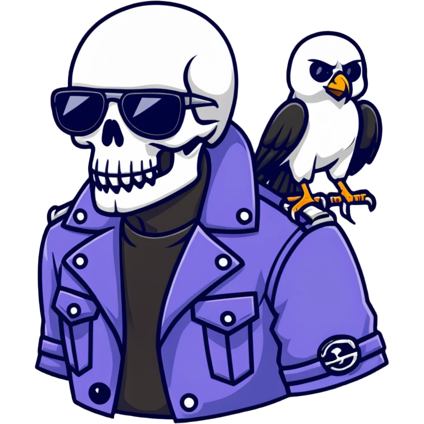 Skull Biker wearing sunglasses holding a raven emoji