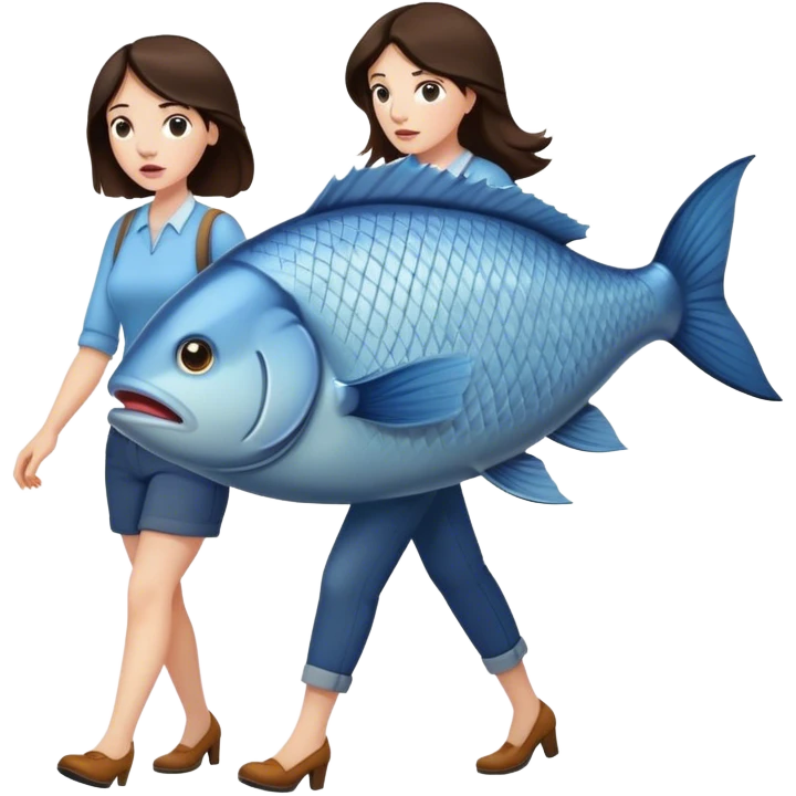 Confused Brunette Woman walking with huge fish emoji